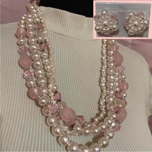 Elegant Pearl and Pink Bead Necklace Set